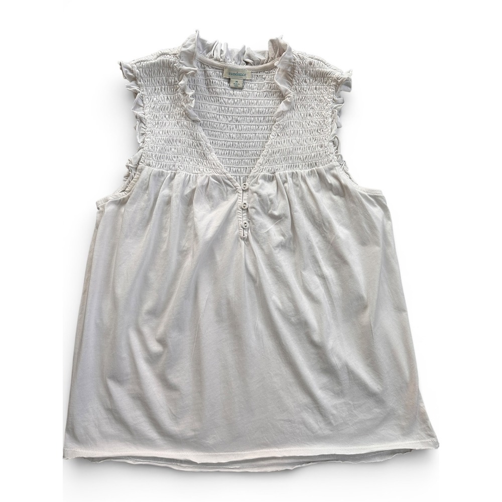 Sundance Women White Smocked Ruffle V-Neck Henley Sleeveless Cotton Top Size M - Picture 1 of 5